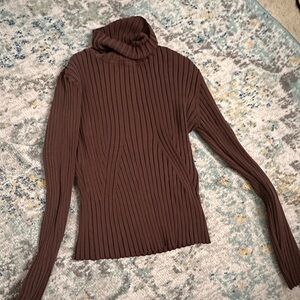 Elegant Chocolate Ribbed Turtleneck Top